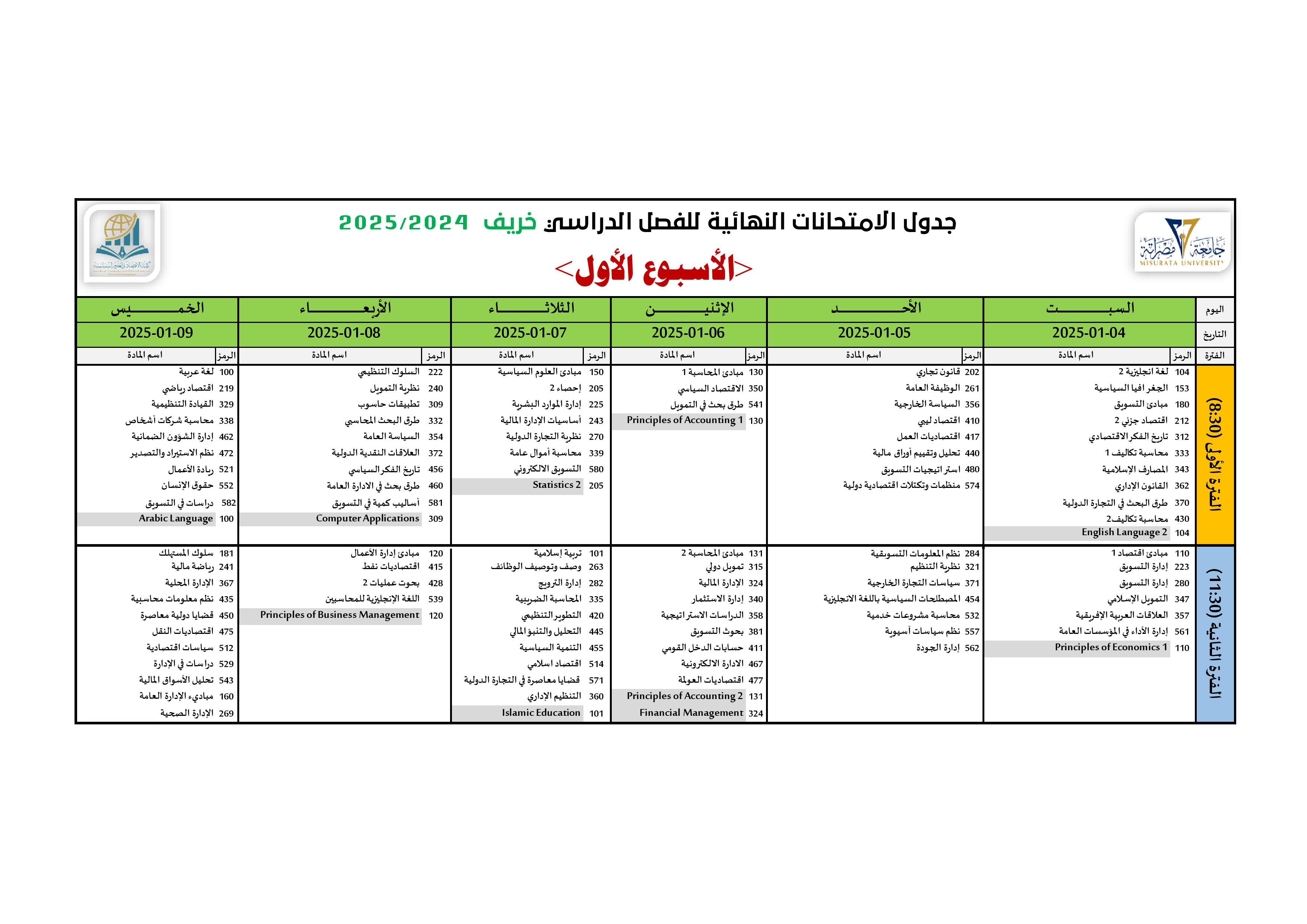 جدول الإمتحانات النهائية - بكالوريوس (الأسبوع الأول)