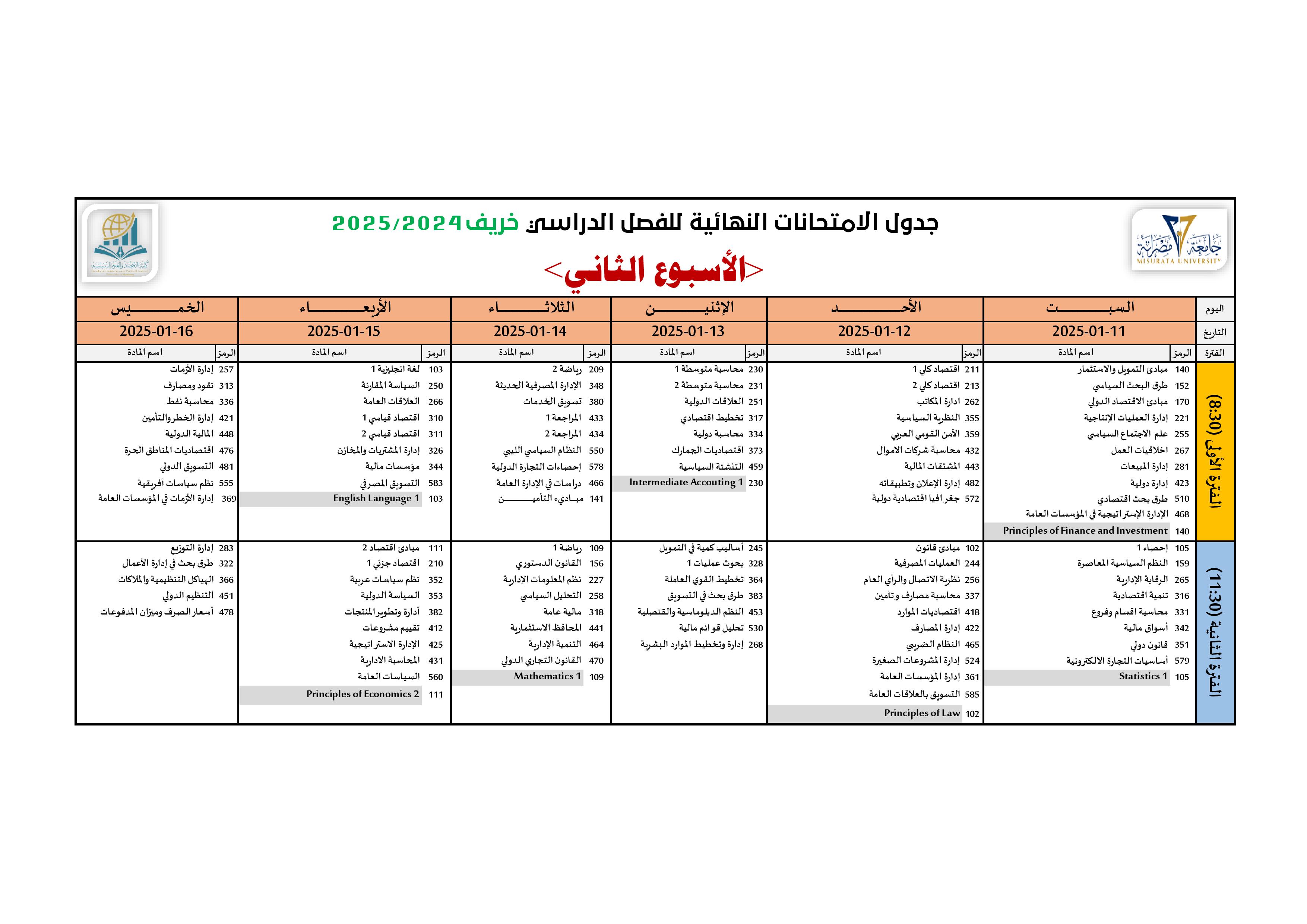 جدول الإمتحانات النهائية - بكالوريوس (الأسبوع الثاني)