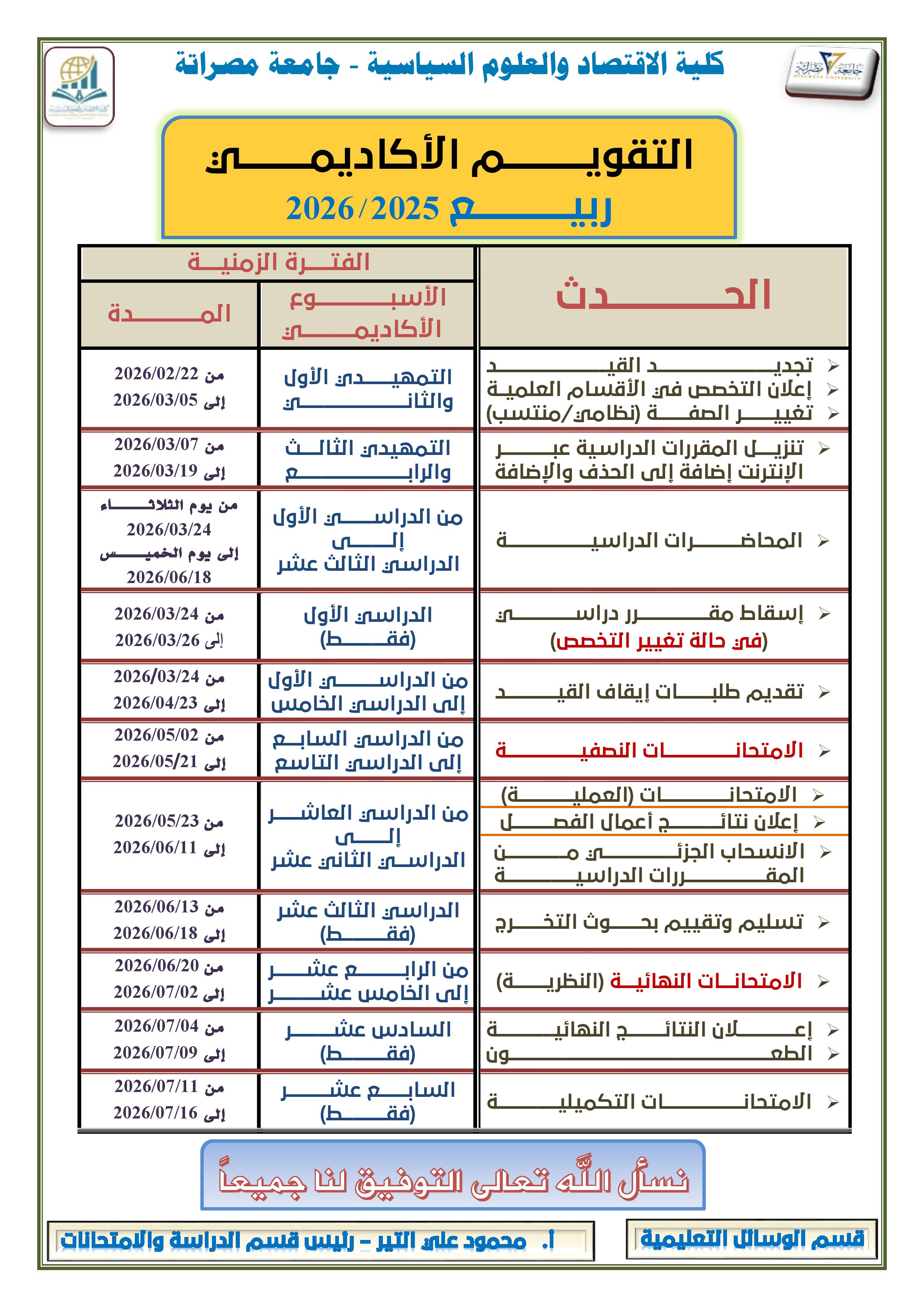 التقويم الأكاديمي - بكالوريوس ربيع 26/25